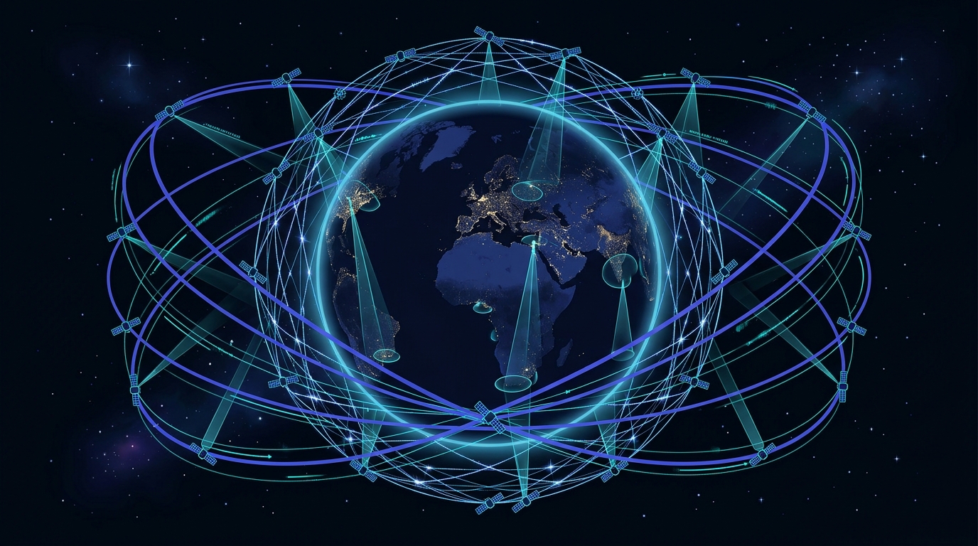 Starlink global orbital constellation telemetry mesh with optical space lasers wrapping Earth