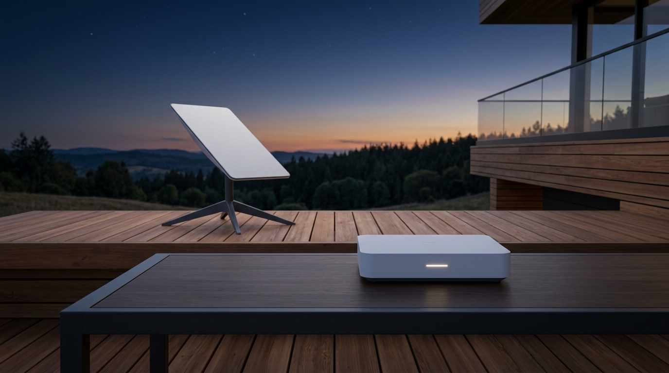 Clean minimalist architectural photograph of a Starlink dish and router booting up on a deck during dawn