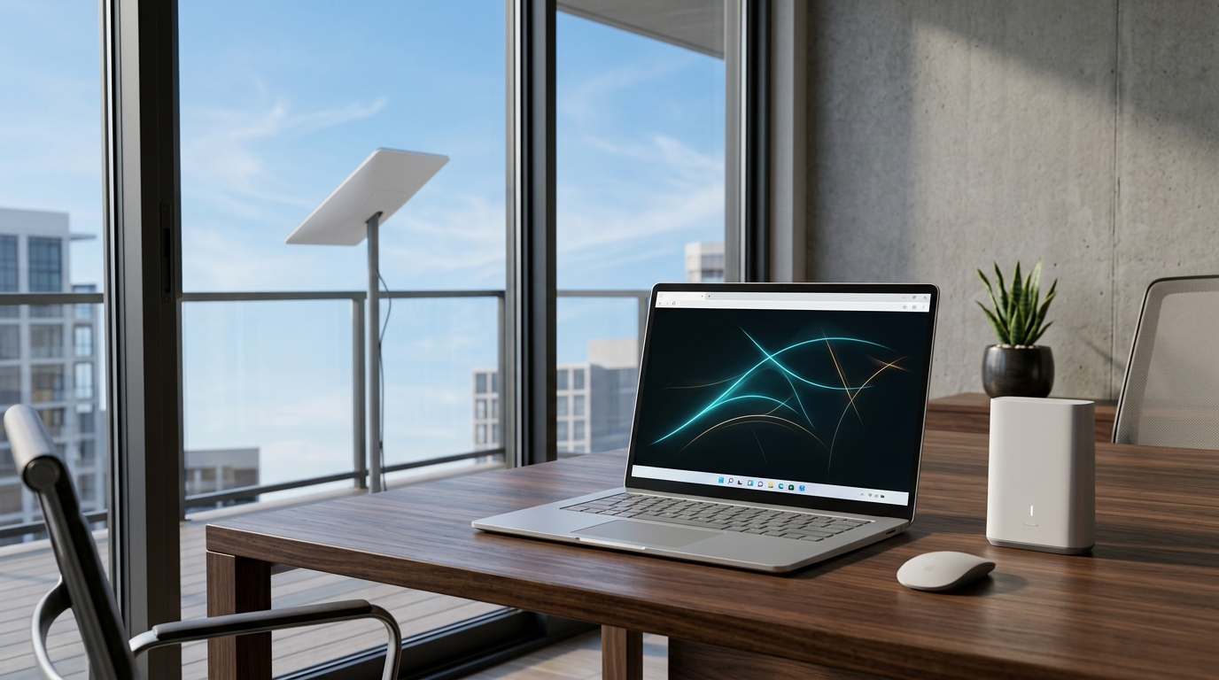 Minimalist architectural photograph of a Windows laptop and Starlink router on a desk with a dish outside on the balcony