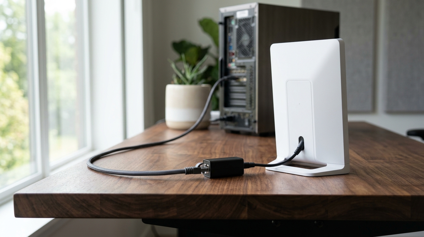 Minimalist architectural photograph of the Starlink Gen 2 router and inline Ethernet adapter setup on a wooden desk