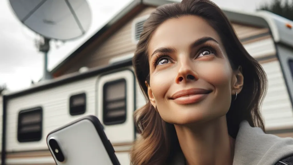 A woman looking at the sky, with an RV and satellite internet antenna out of focus in the background.